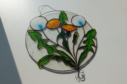 Digital pattern round dandelion Stained glass Window panel