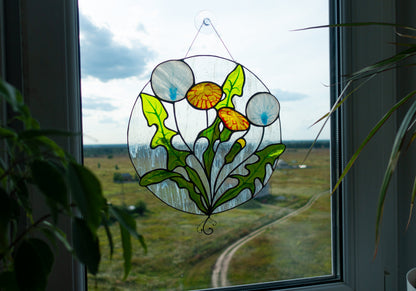 Dandelion Stained Glass Suncatcher — Round Spring Flower Window Art, Nature Lover Gift Her