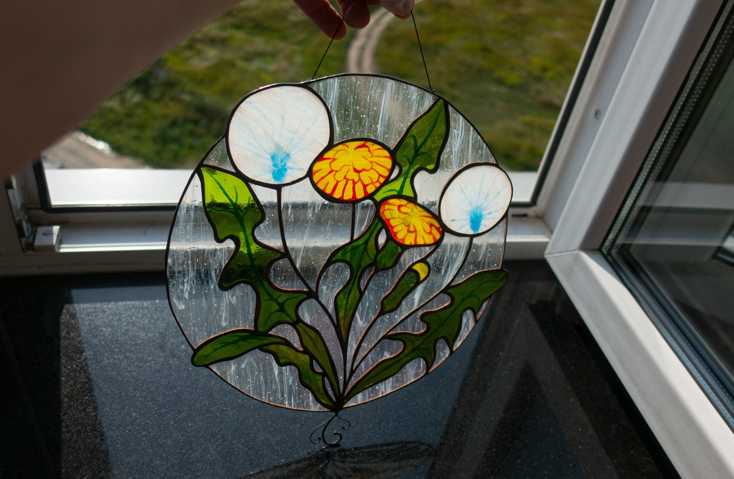 Dandelion Stained Glass Suncatcher — Round Spring Flower Window Art, Nature Lover Gift Her