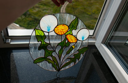Dandelion Stained Glass Suncatcher — Round Spring Flower Window Art, Nature Lover Gift Her