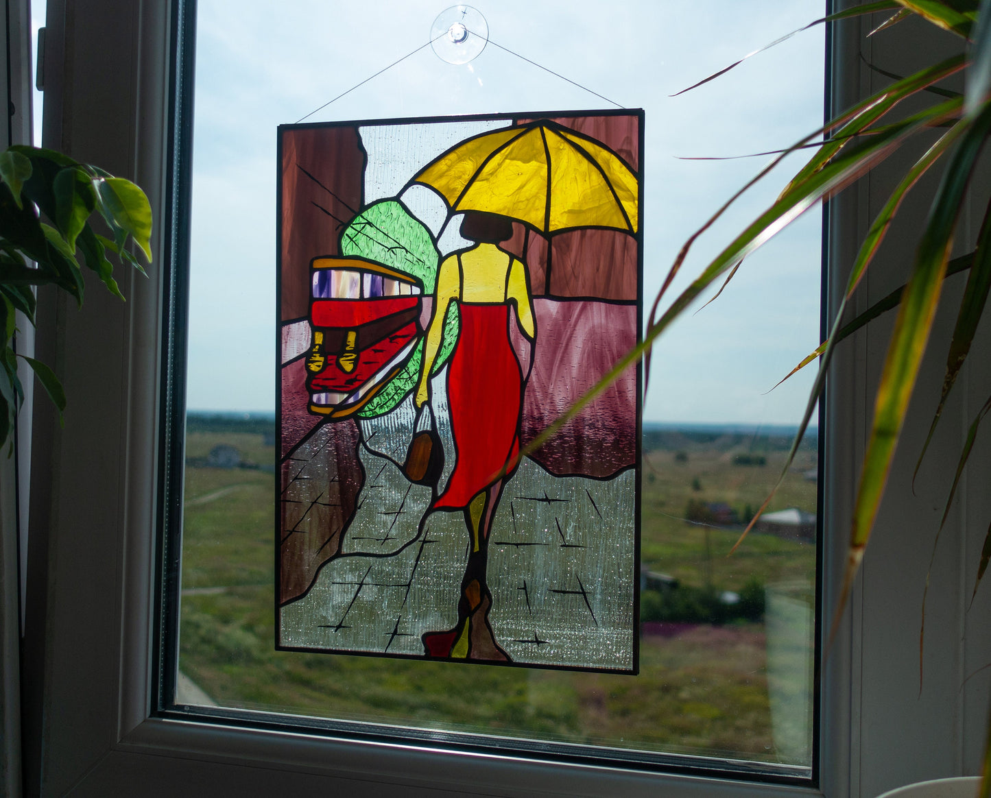 Stained Glass Panel — Woman with Umbrella Rainy Day, Feminine Window Hanging, Gift for Her