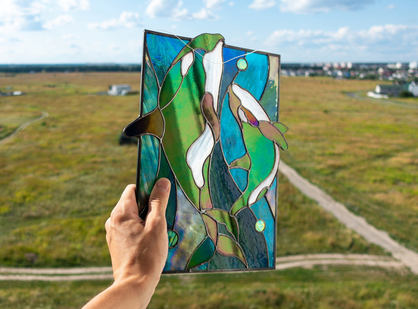 Stained Glass Panel — Orca and Baby Killer Whale, Ocean Window Hanging, Whale Lover Gift