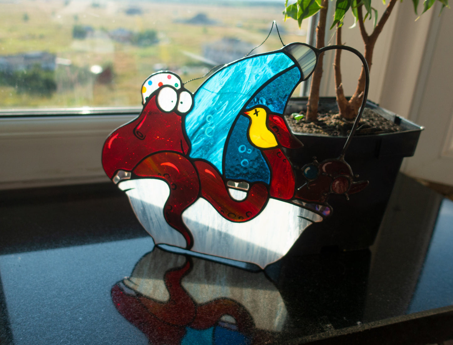 Octopus in Shower Suncatcher — Funny Bathroom Window Art, Quirky Ocean Gift, Weird Home Decor