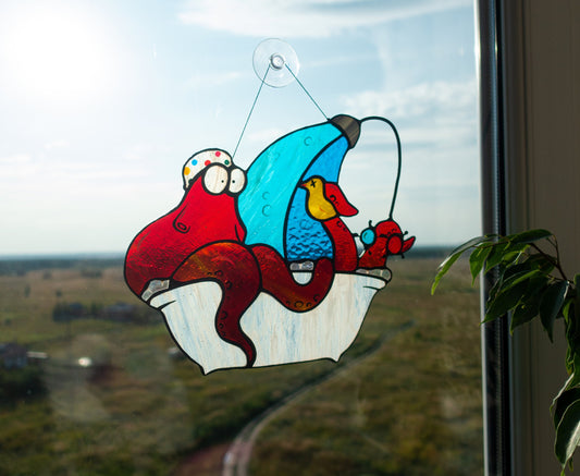 Octopus in Shower Suncatcher — Funny Bathroom Window Art, Quirky Ocean Gift, Weird Home Decor