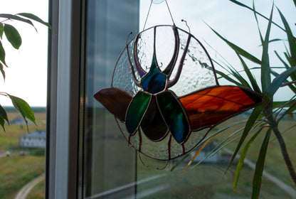 Stained Glass Suncatcher — Rhinoceros Beetle Scarab, Window Hanging, Entomology Lover Gift