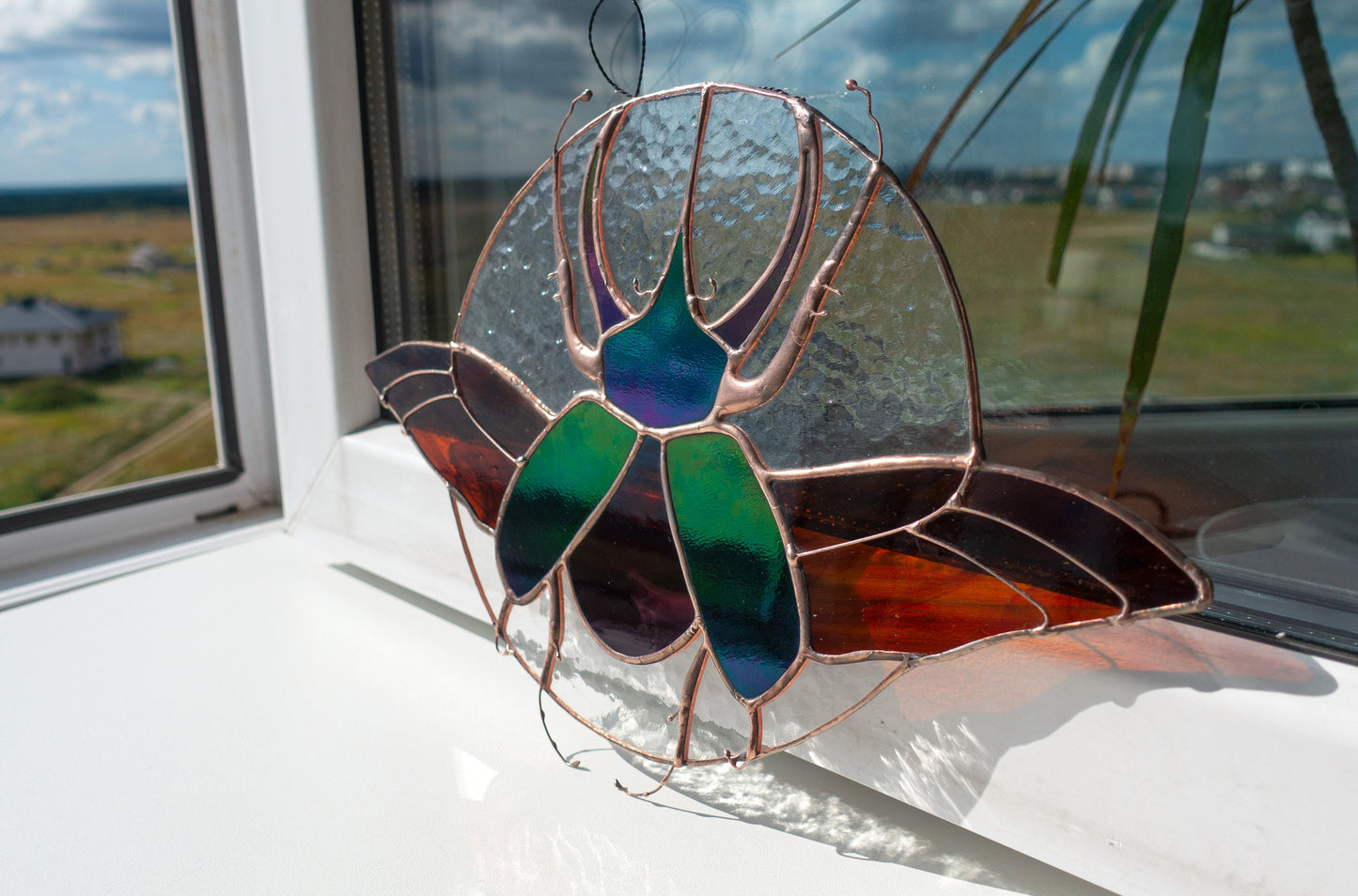 Stained Glass Suncatcher — Rhinoceros Beetle Scarab, Window Hanging, Entomology Lover Gift