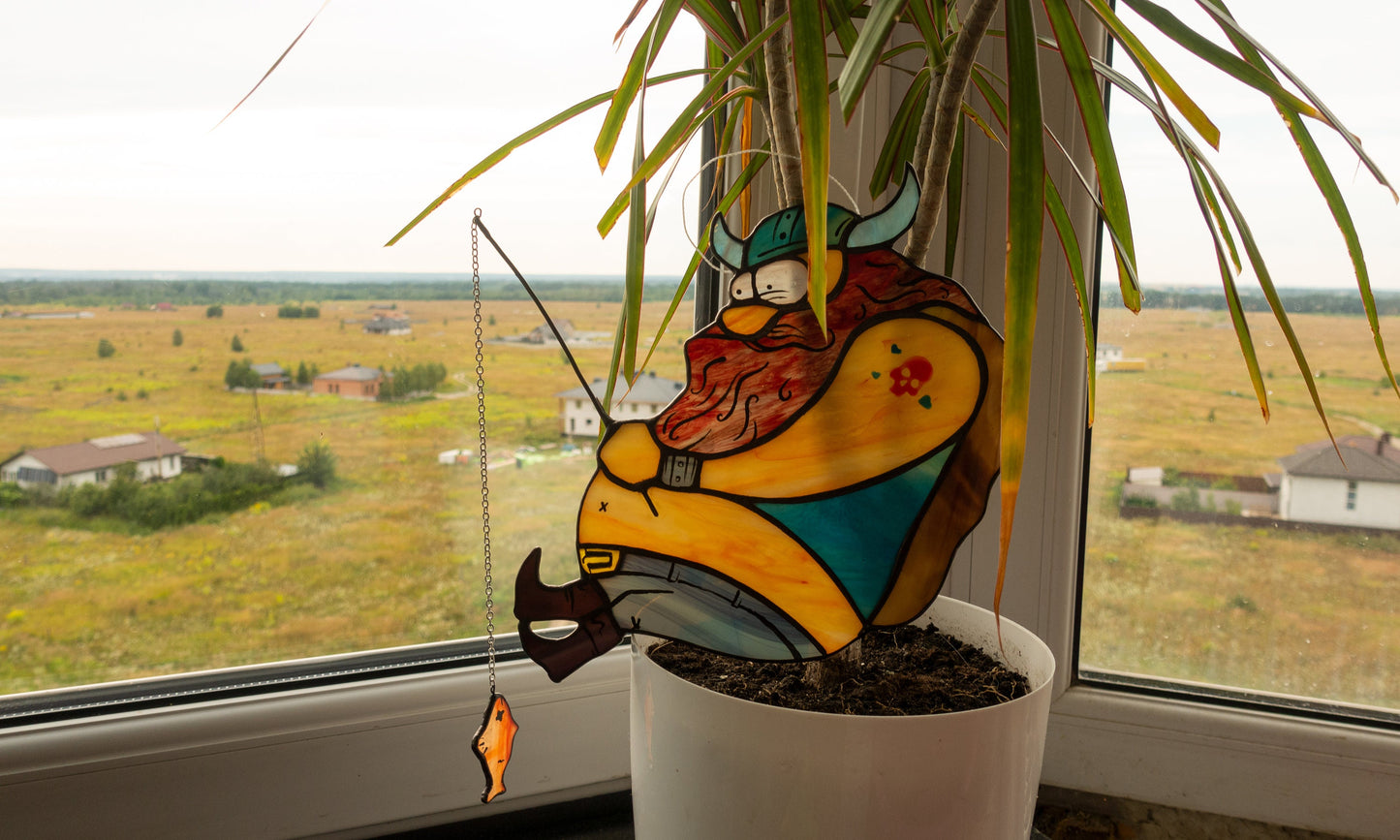 Viking Fishing Stained Glass Suncatcher — Chonky Norse Warrior, Funny Fishing Gift for Him