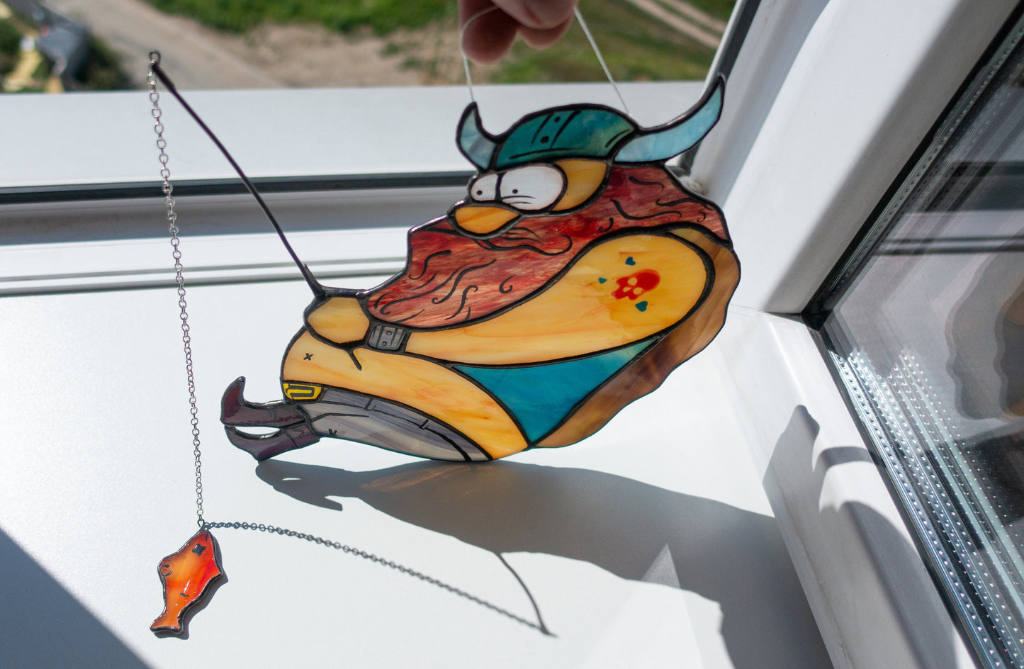 Viking Fishing Stained Glass Suncatcher — Chonky Norse Warrior, Funny Fishing Gift for Him