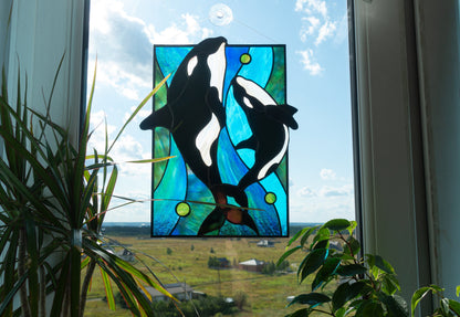 Stained Glass Panel — Orca and Baby Killer Whale, Ocean Window Hanging, Whale Lover Gift