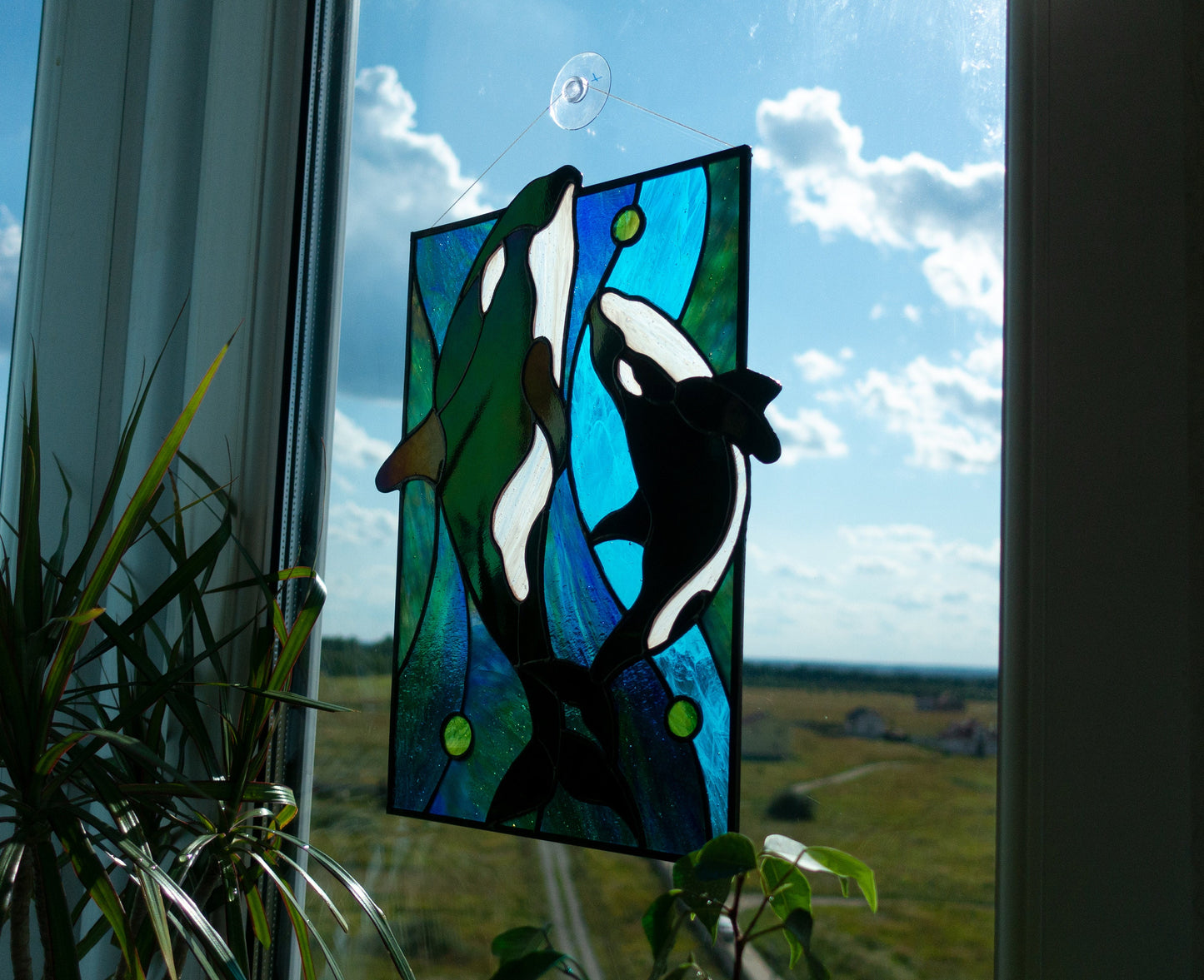 Stained Glass Panel — Orca and Baby Killer Whale, Ocean Window Hanging, Whale Lover Gift