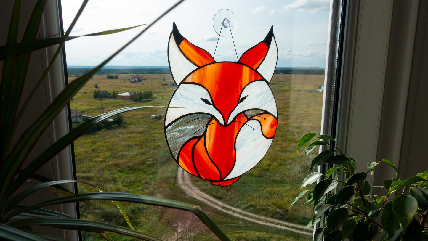 Stained Glass Fox Suncatcher — Cute Baby Fox Circle Design, Cottagecore Window Art, Fox Gift