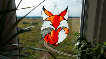 Stained Glass Fox Suncatcher — Cute Baby Fox Circle Design, Cottagecore Window Art, Fox Gift