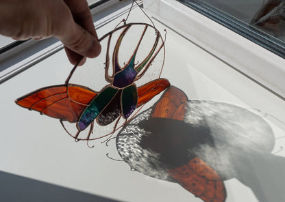 Stained Glass Suncatcher — Rhinoceros Beetle Scarab, Window Hanging, Entomology Lover Gift