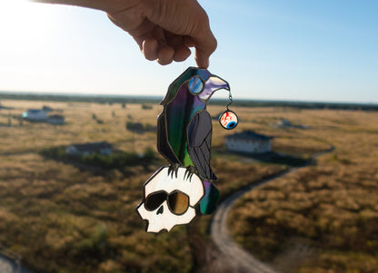 Halloween Crow on Skull Stained Glass Suncatcher — Gothic Raven Window Art, Spooky Horror Gift