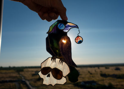 Halloween Crow on Skull Stained Glass Suncatcher — Gothic Raven Window Art, Spooky Horror Gift