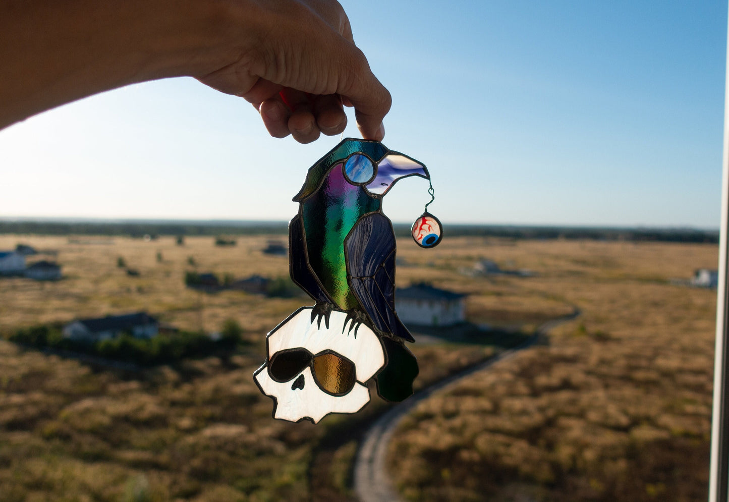 Halloween Crow on Skull Stained Glass Suncatcher — Gothic Raven Window Art, Spooky Horror Gift
