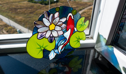 Koi Fish Stained Glass Suncatcher: Lotus Flower Window Hanging