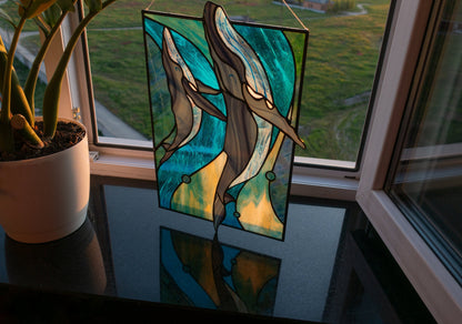 Stained Glass Panel — Blue Whale Ocean, Dual Hang Horizontal or Vertical, Whale Lover Gift