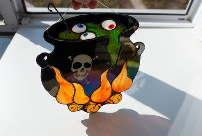 Digital pattern PSD Halloween witch's cauldron with boiled eyes Stained glass Window suncatcher