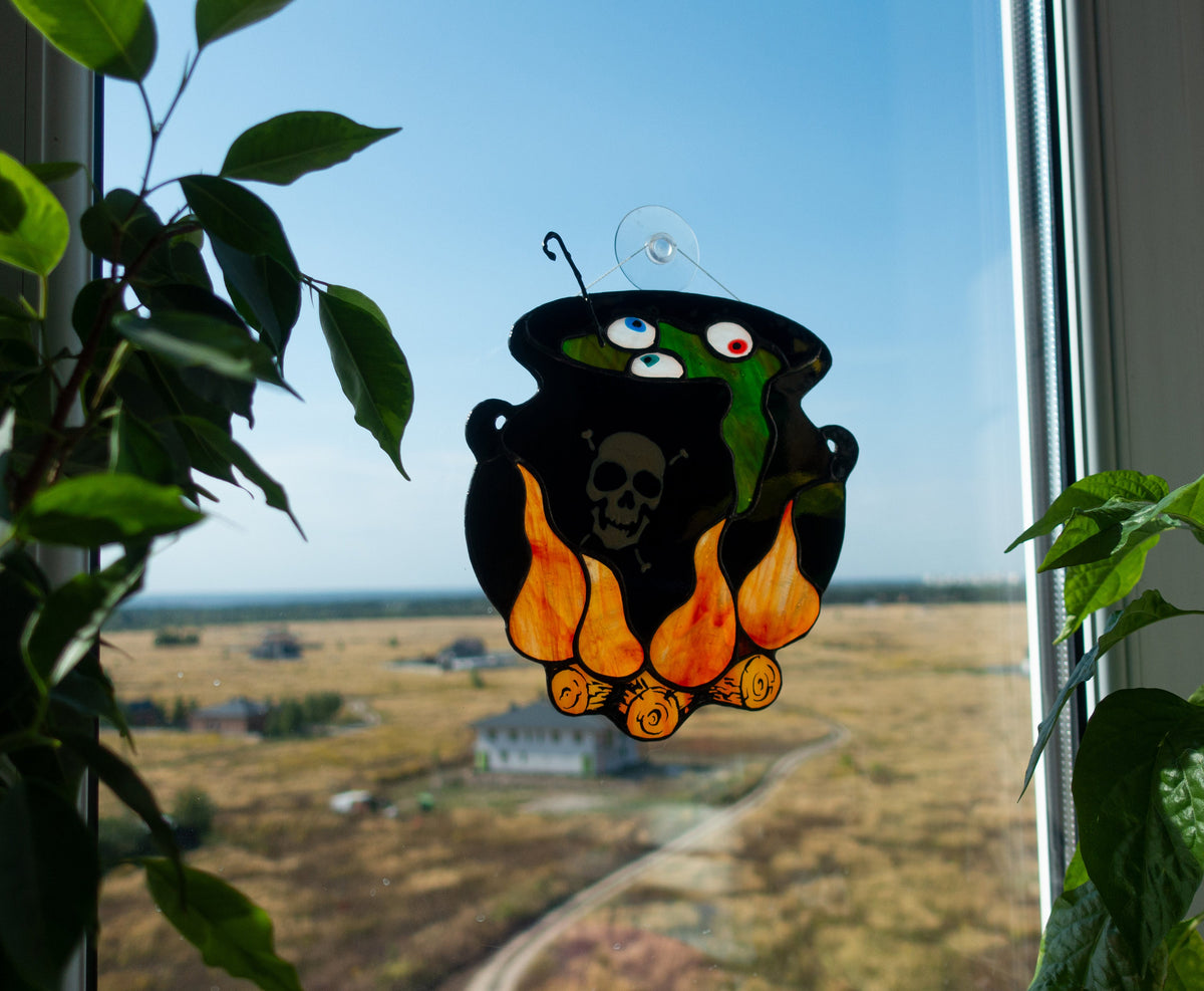 Digital pattern PSD Halloween witch's cauldron with boiled eyes Stained glass Window suncatcher