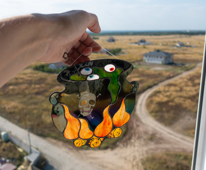 Digital pattern PSD Halloween witch's cauldron with boiled eyes Stained glass Window suncatcher