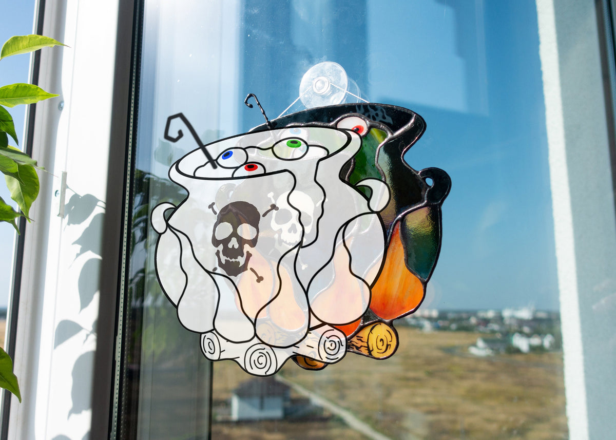 Digital pattern PSD Halloween witch's cauldron with boiled eyes Stained glass Window suncatcher