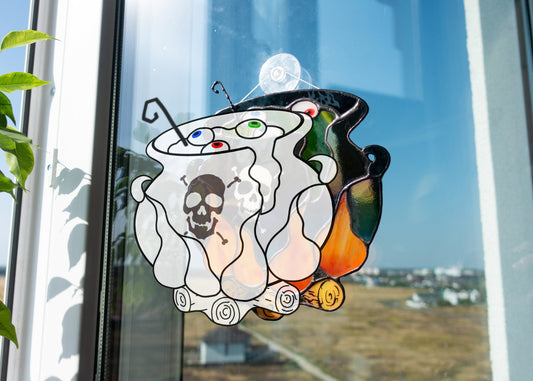 Digital pattern PSD Halloween witch's cauldron with boiled eyes Stained glass Window suncatcher