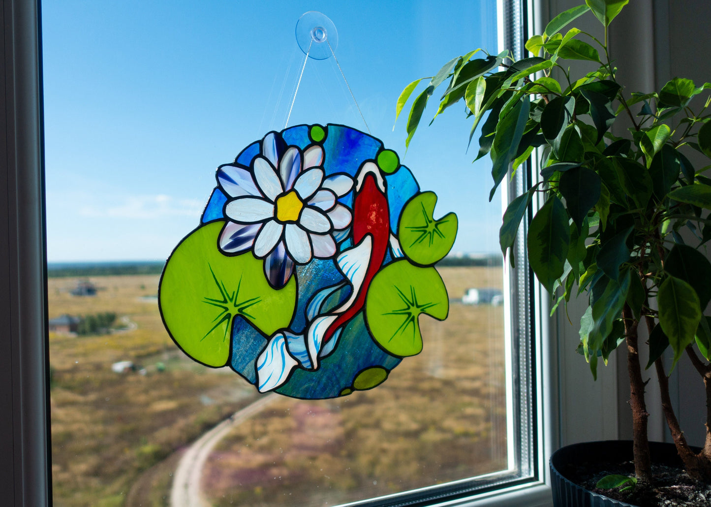 Koi Fish Stained Glass Suncatcher: Lotus Flower Window Hanging