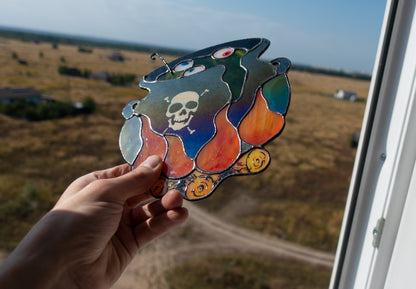 Halloween Witch Cauldron Stained Glass Suncatcher — Spooky Brew Window Art, Witchy Horror Gift