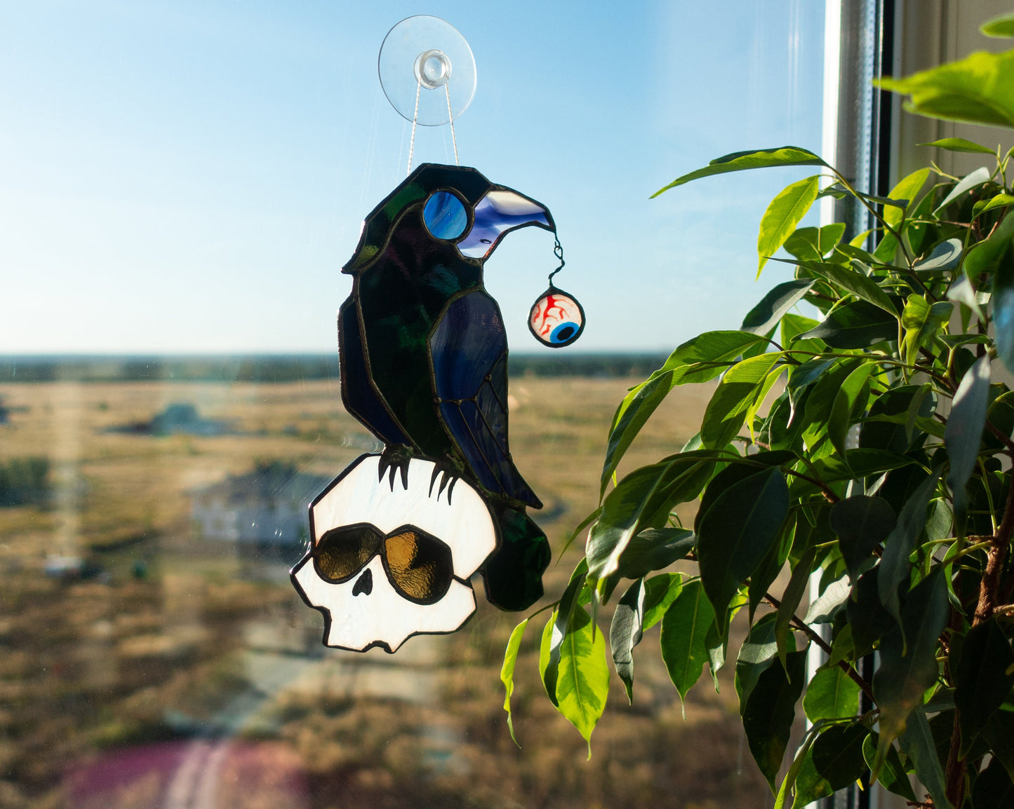 Digital pattern PSD Halloween funny raven on the skull Stained glass Window suncatcher