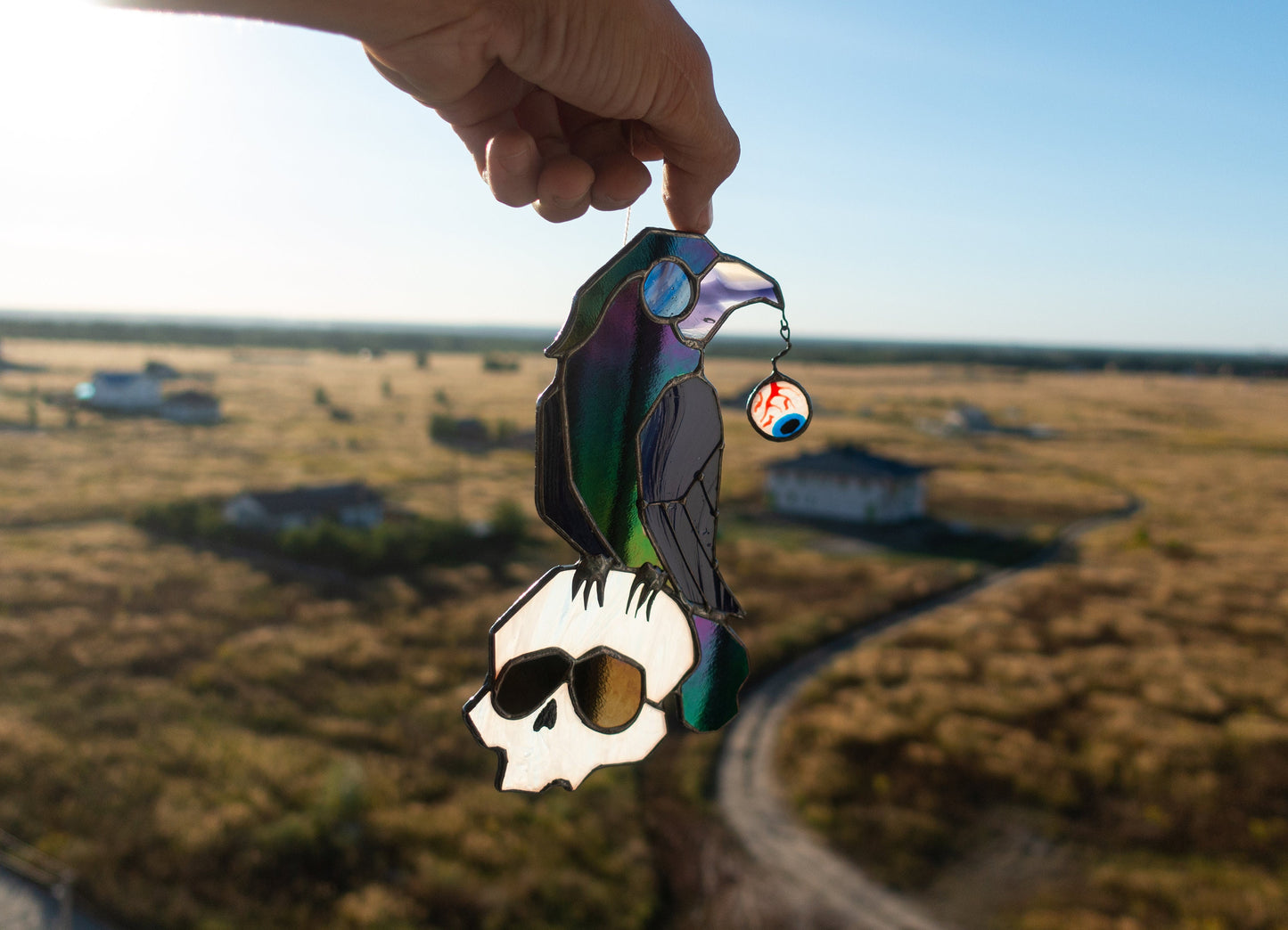 Digital pattern PSD Halloween funny raven on the skull Stained glass Window suncatcher