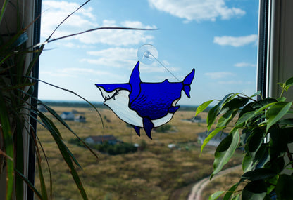 Chonky Shark Stained Glass Suncatcher — Fat Cute Blue Shark, Funny Ocean Window Art Gift