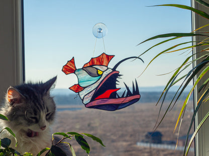 Anglerfish Stained Glass Suncatcher — Deep Sea Horror Window Art, Choose Your Design Fish Gift