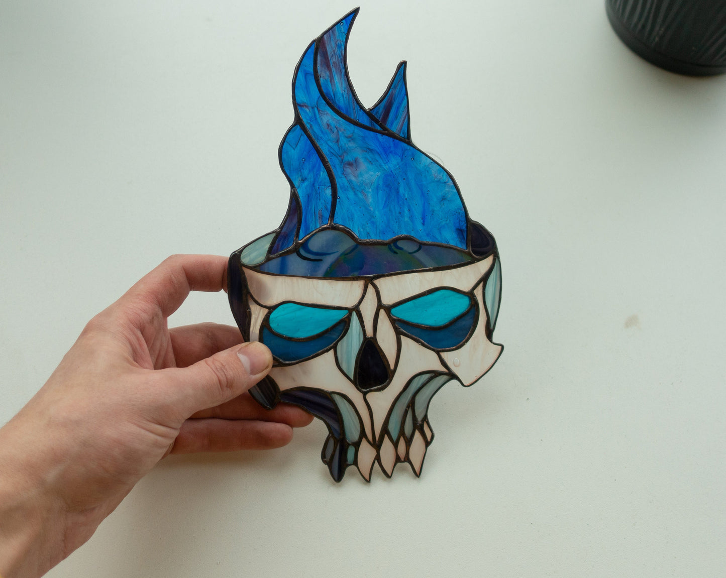 Halloween Skull Potion Stained Glass Suncatcher — Witch Poison Window Art, Spooky Horror Gift