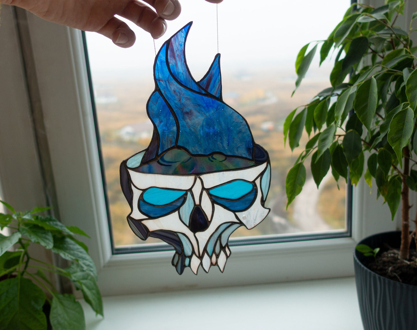 Halloween Skull Potion Stained Glass Suncatcher — Witch Poison Window Art, Spooky Horror Gift