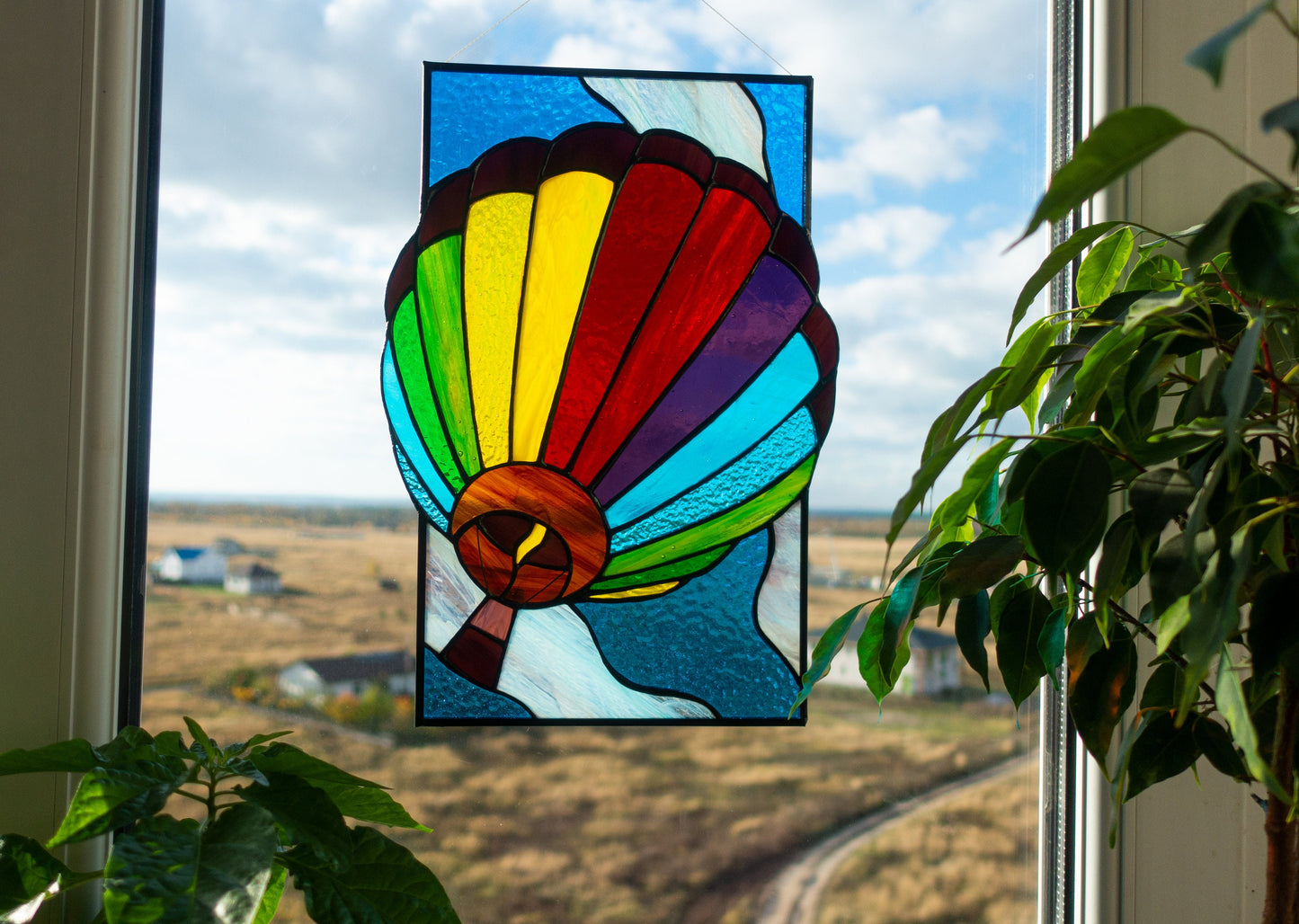 Stained Glass Suncatcher — Hot Air Balloon, Colorful Sky Window Hanging, Adventure Travel Gift