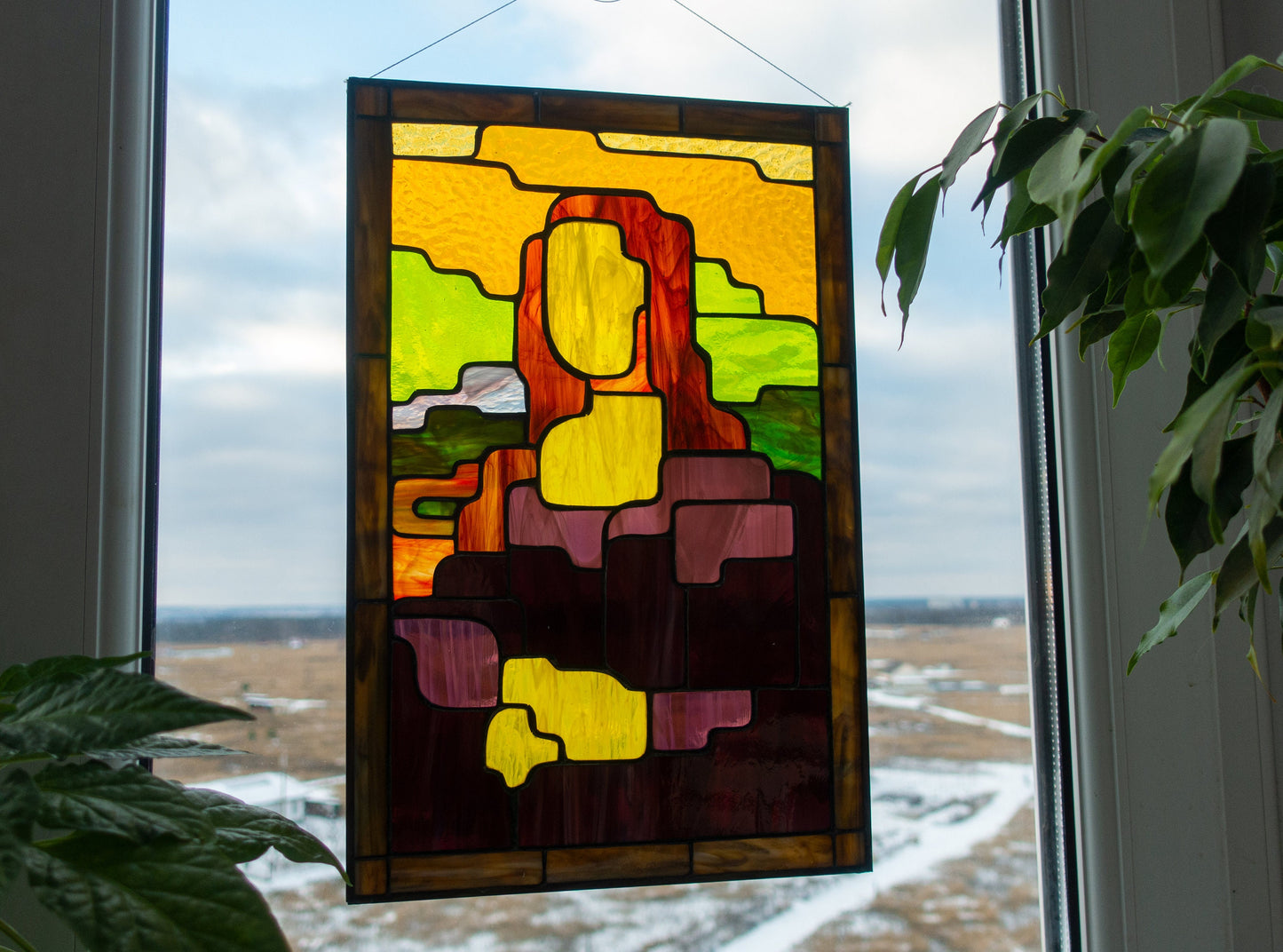 Stained Glass Panel — Geometric Mona Lisa Abstract Art, Pop Art Window Hanging