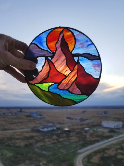 Digital pattern round Rocky mountains landscape Stained glass Window panel