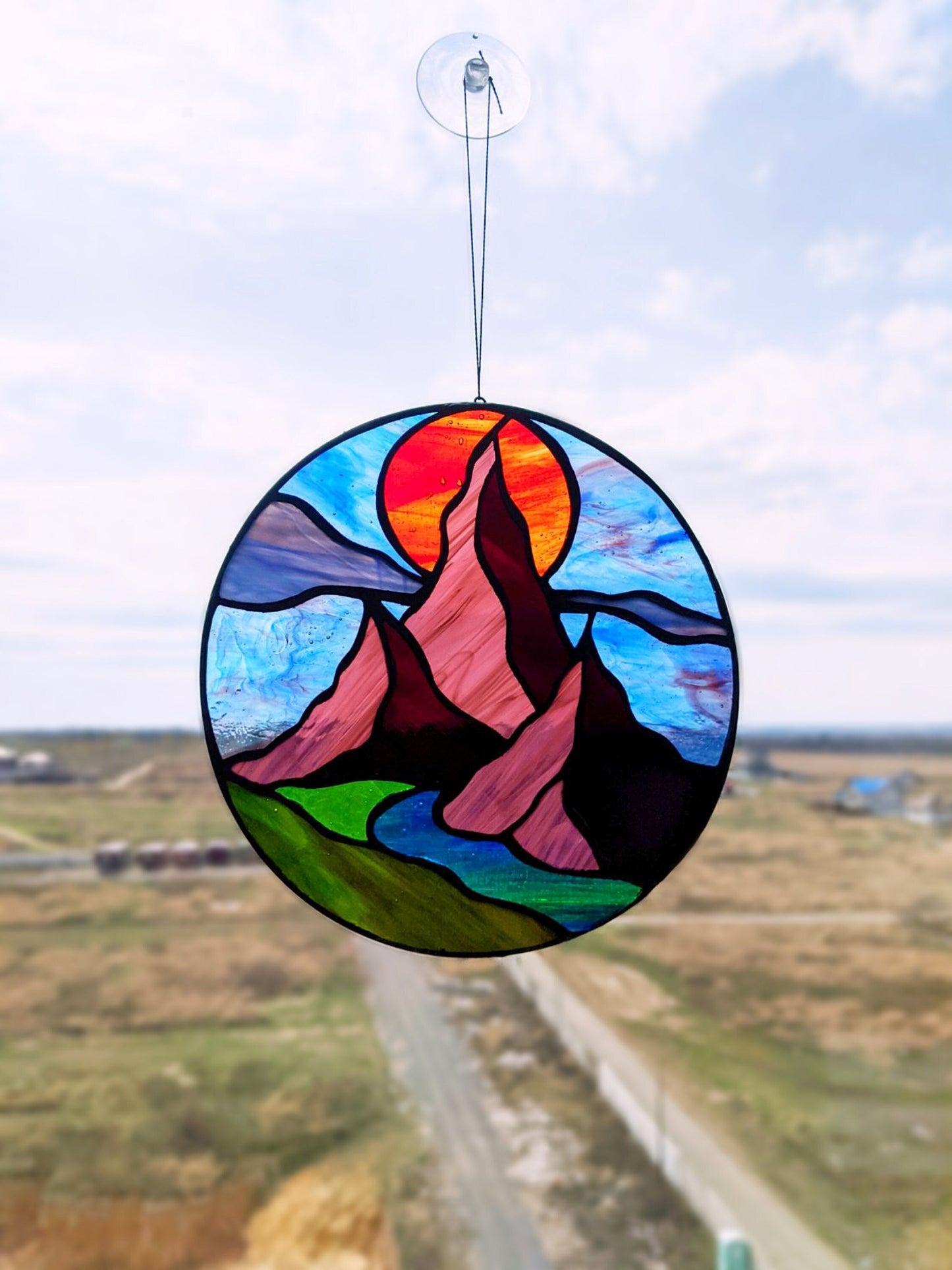 Digital pattern round Rocky mountains landscape Stained glass Window panel