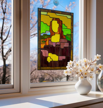 Stained Glass Panel — Geometric Mona Lisa Abstract Art, Pop Art Window Hanging