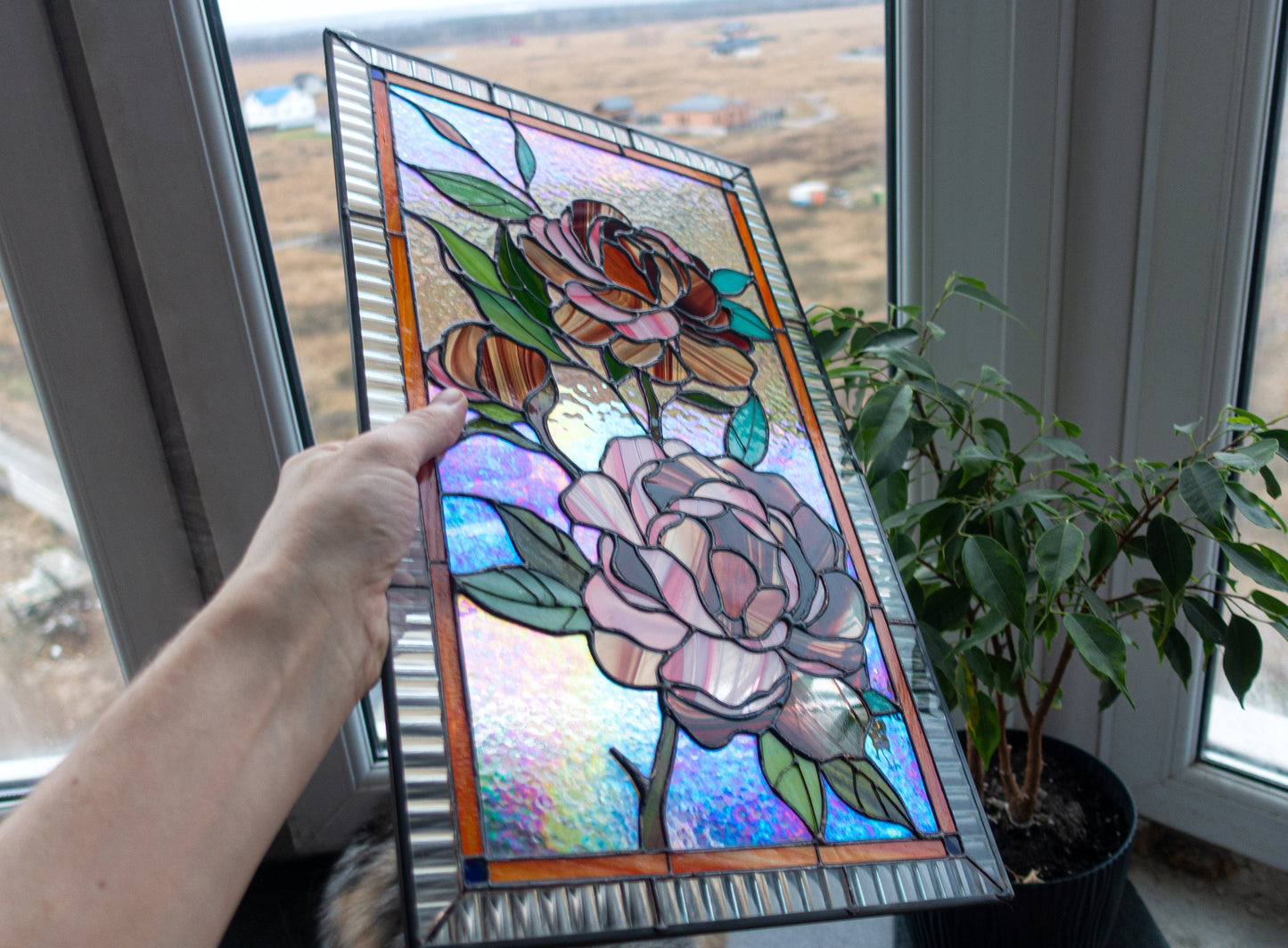 Digital pattern PSD Peony Stained glass Window panel