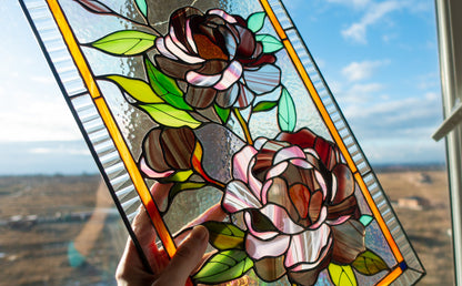 Stained Glass Window Panel — Pink Peony Flowers, Floral Window Hanging, Mothers Day Gift