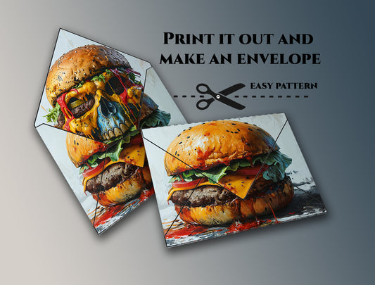 Zombie burger envelope dinner invitation. DIY psd png easy pattern, print A4 or biger