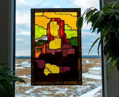 Stained Glass Panel — Geometric Mona Lisa Abstract Art, Pop Art Window Hanging
