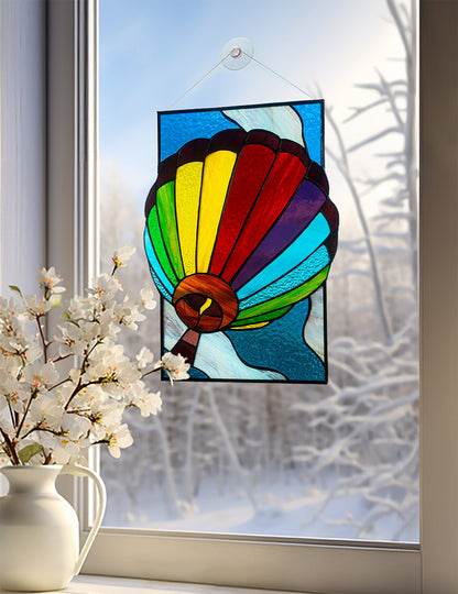 Stained Glass Suncatcher — Hot Air Balloon, Colorful Sky Window Hanging, Adventure Travel Gift
