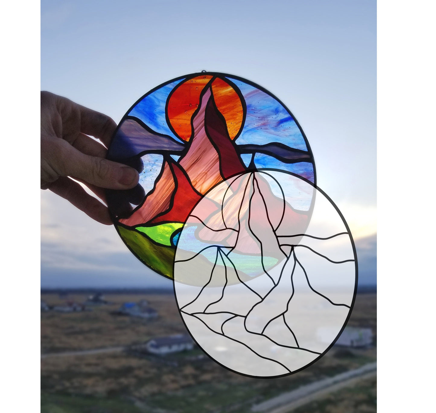 Digital pattern round Rocky mountains landscape Stained glass Window panel