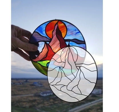 Digital pattern round Rocky mountains landscape Stained glass Window panel