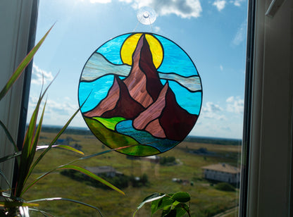 Digital pattern round Rocky mountains landscape Stained glass Window panel