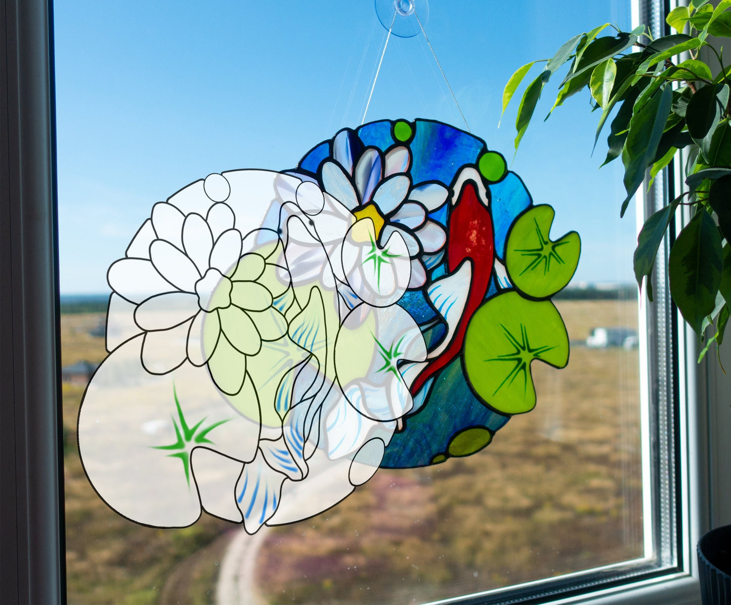 Stained Glass Koi Fish Pattern: Water Lilies & Lotus Window Panel (Digital Download)