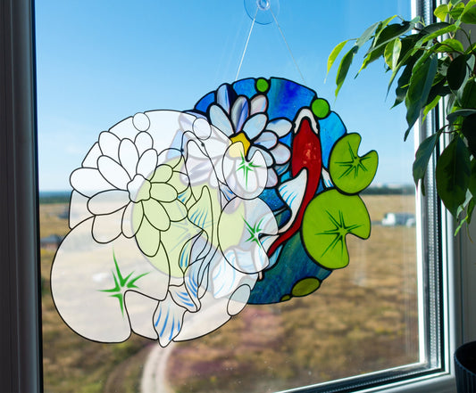 Stained Glass Koi Fish Pattern: Water Lilies & Lotus Window Panel (Digital Download)